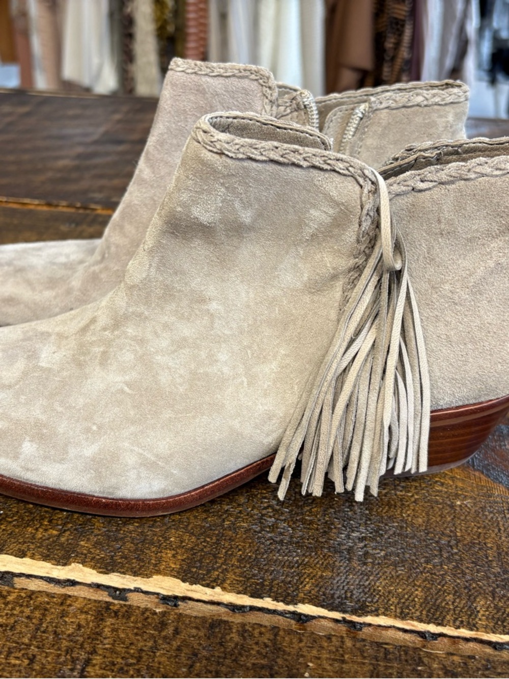 Sam Edelman Light Taupe Suede Fringe Ankle Boots